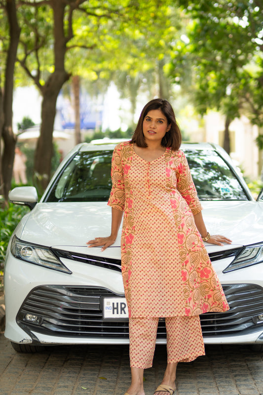 Peach Floral Kurta Set