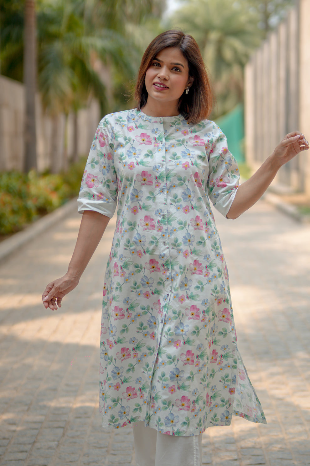 White, Green Floral Print Women'S Kurta