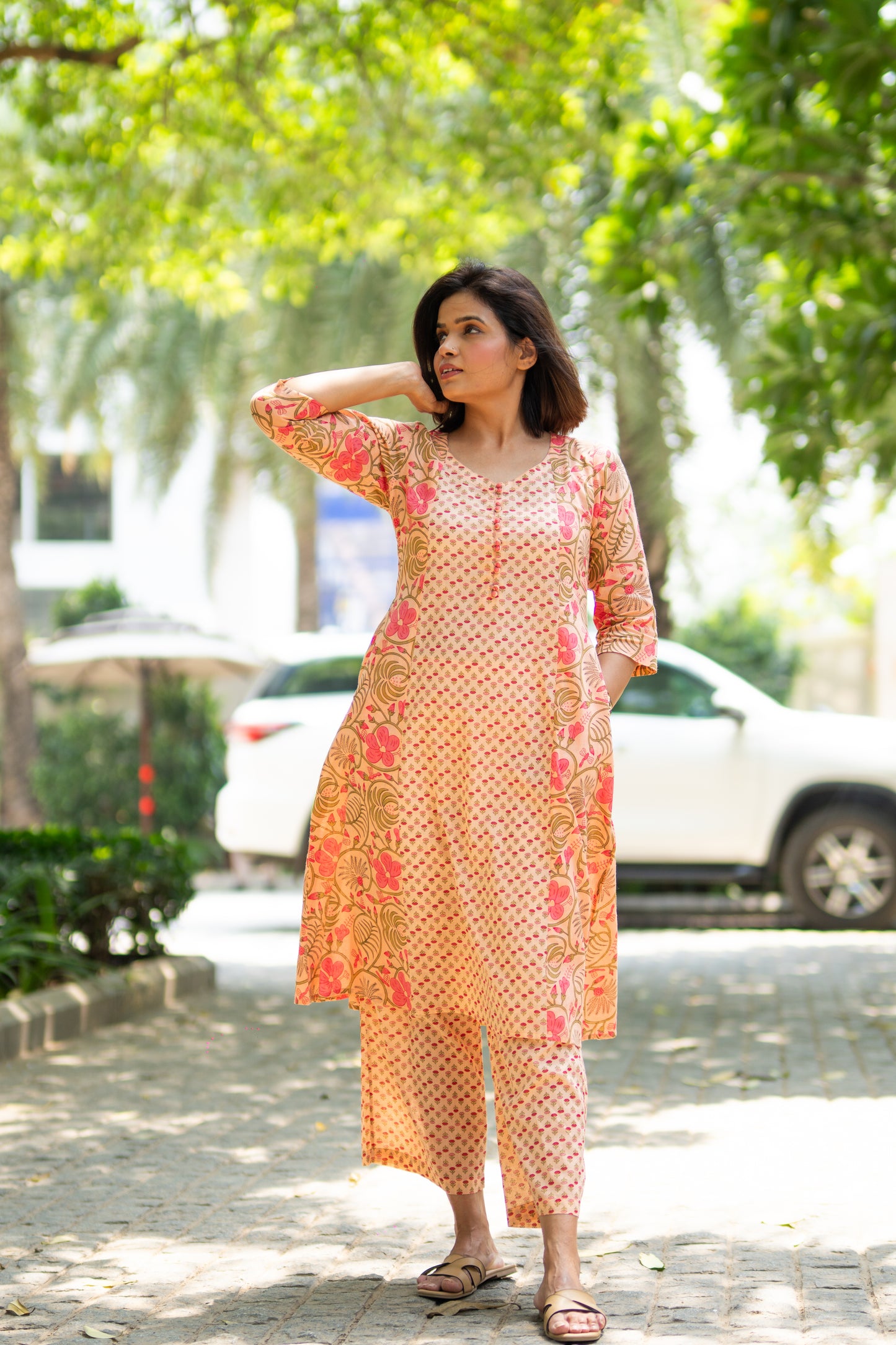 Peach Floral Kurta Set