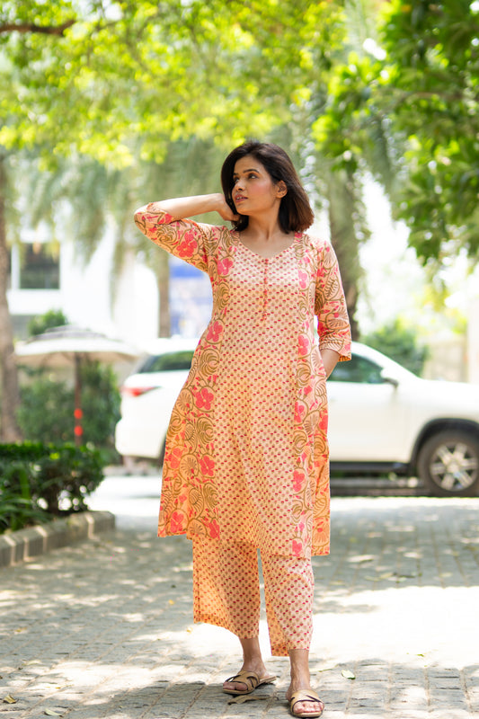 Peach Floral Kurta Set
